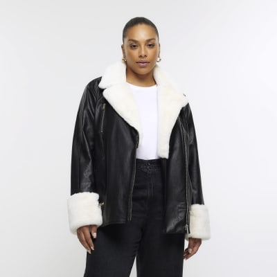 Plus black faux fur trim biker jacket | River Island