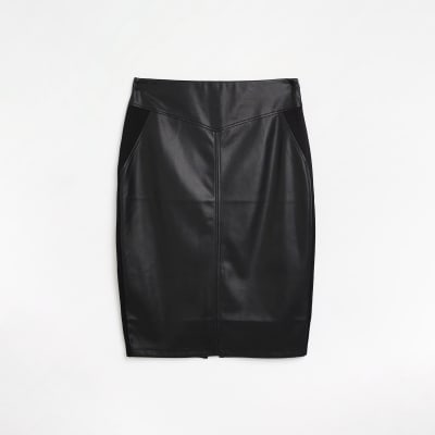 Black Straight Faux Leather Midi Skirt - Firefly