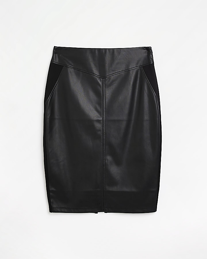 Plus black faux leather midi skirt