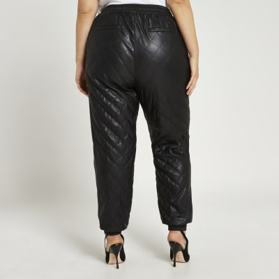 Vegan Leather Quilted Joggers - Black