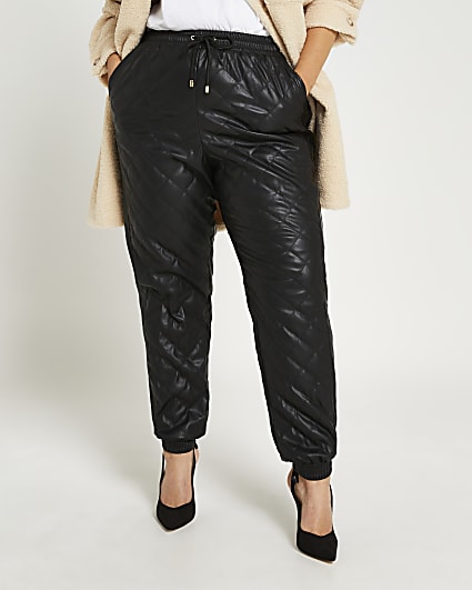 Plus black faux leather quilted joggers