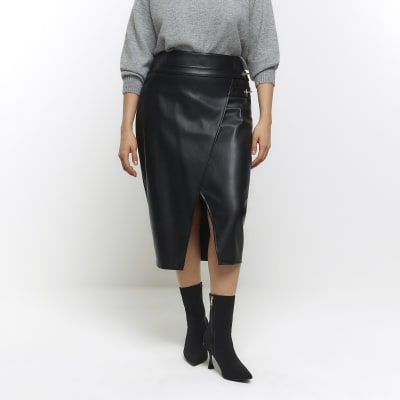 Plus black faux leather wrap midi skirt | River Island