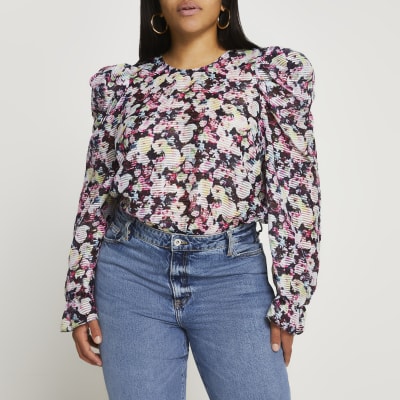 Plus black floral puff sleeve blouse top | River Island