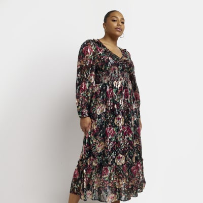 Plus black floral shirred maxi dress | River Island