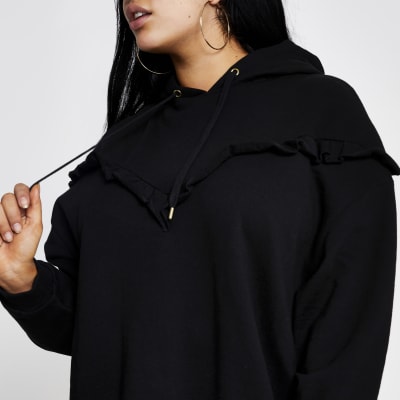 Plus black frill chevron ribbed hoodie