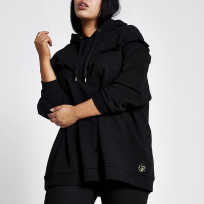 Plus black frill chevron ribbed hoodie
