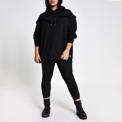 Plus black frill chevron ribbed hoodie