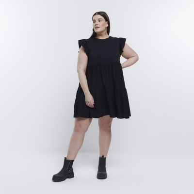 Plus black frill sleeve smock mini dress