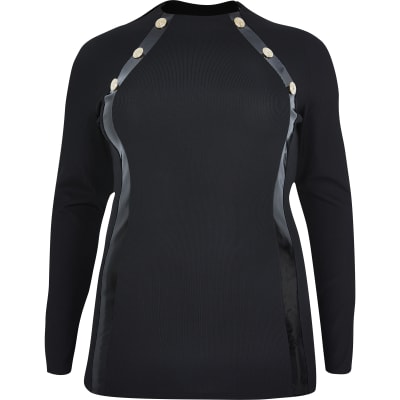 Plus black gold button long sleeve top