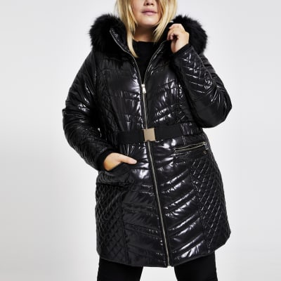 black high shine puffer jacket with fur hood