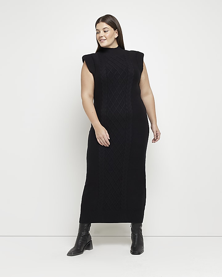 Plus black knit cable maxi dress