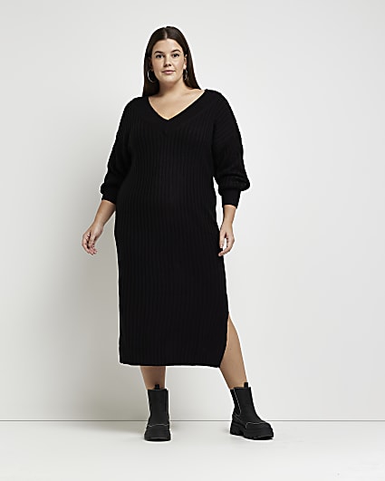 Plus black knit jumper midi dress