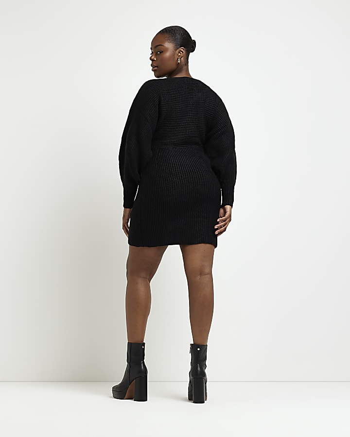 Plus black knit wrap jumper mini dress