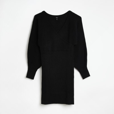 Plus black knit wrap jumper mini dress