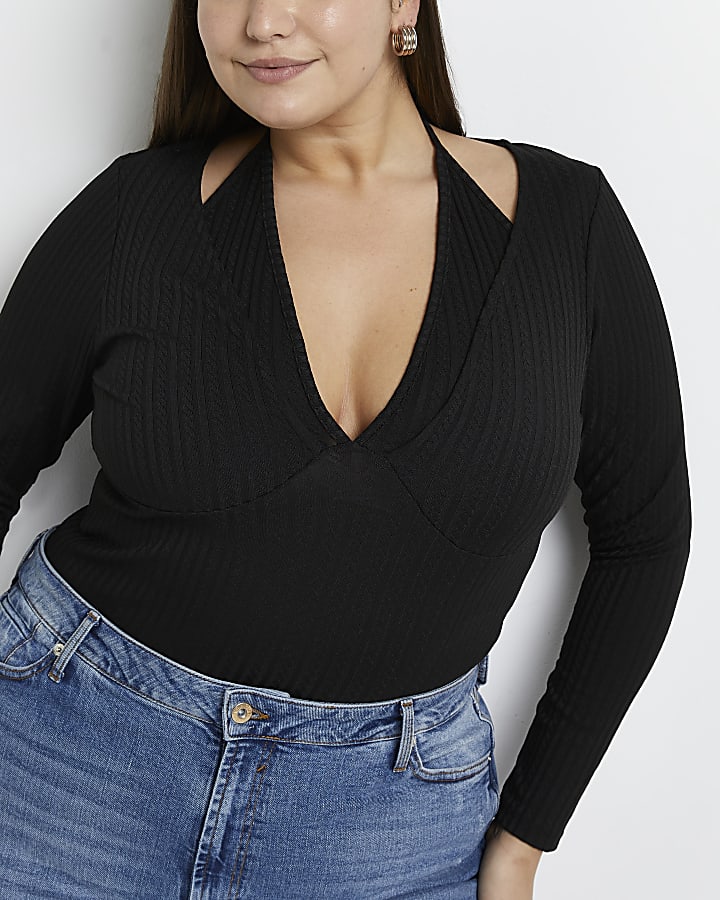 Plus black knitted cut out top