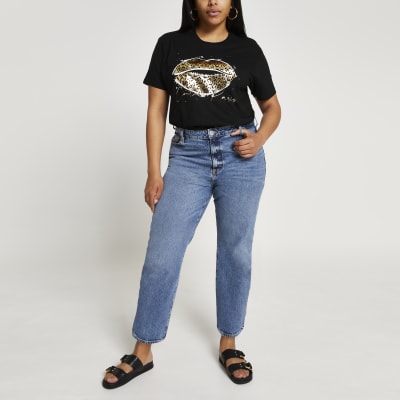 Plus black leopard print lips t-shirt