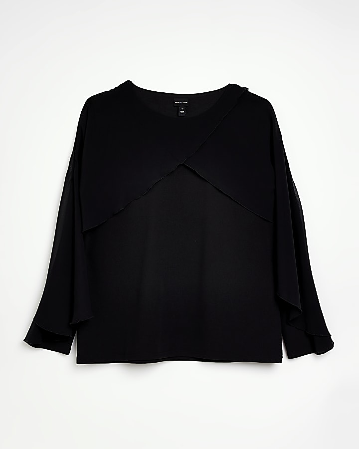 Plus black long sleeve cape blouse