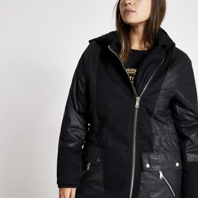 Plus black long sleeve faux fur parka coat