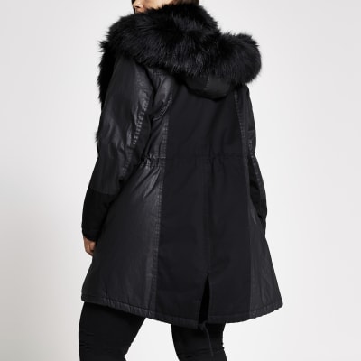 Plus black long sleeve faux fur parka coat