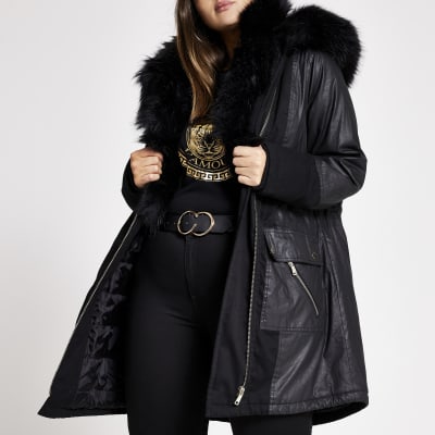 Plus black long sleeve faux fur parka coat