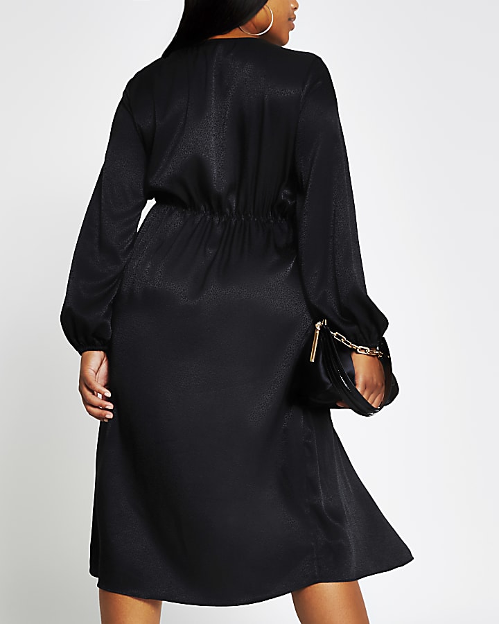 Plus black long sleeve twist wrap midi dress