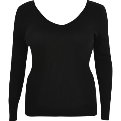 Plus black long sleeve wide neck top