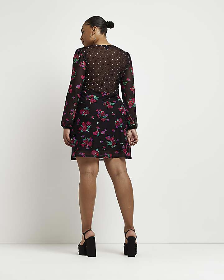Plus black mesh floral skater mini dress