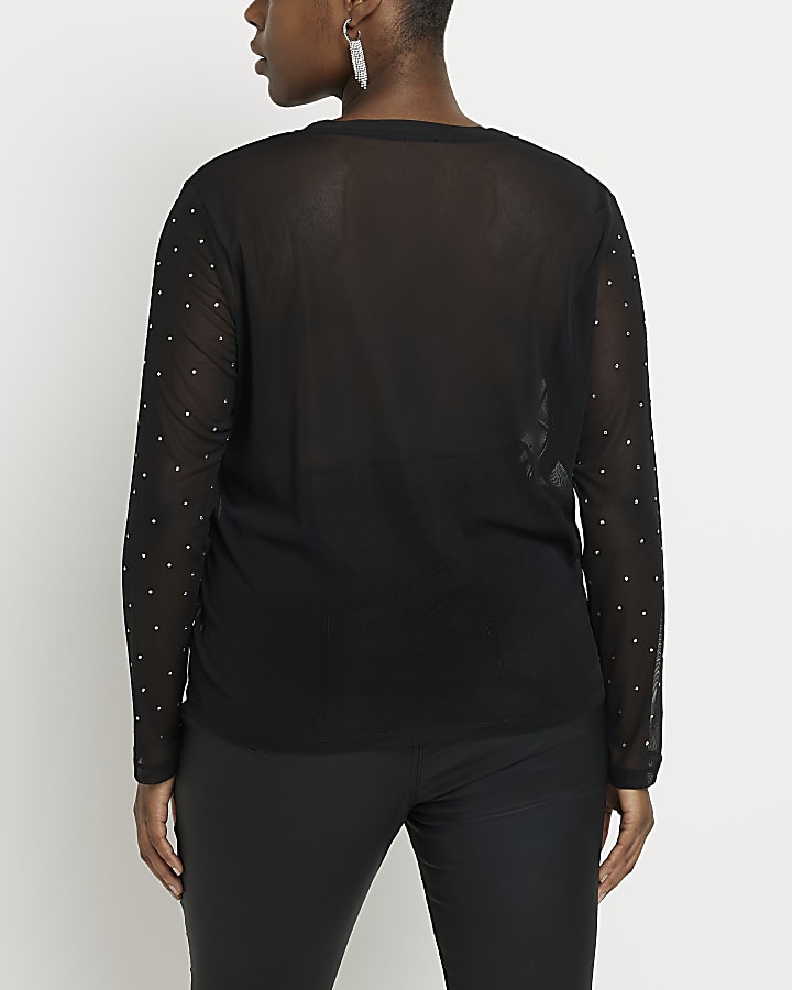 Plus black mesh long sleeve blouse