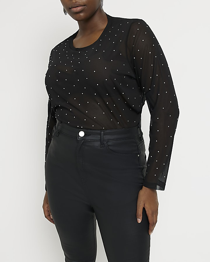 Plus black mesh long sleeve blouse
