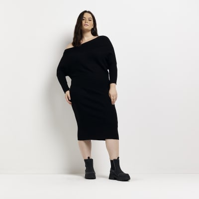 Plus black off shoulder jumper midi dress River Island