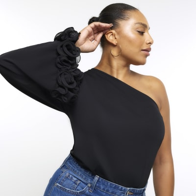 Plus black one shoulder corsage top | River Island