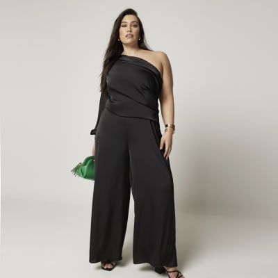 River Island Womens Plus Black One Shoulder Wide Leg Jumpsuit