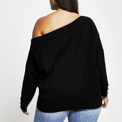 Plus black open neck asymmetric top