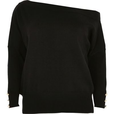 Plus black open neck asymmetric top