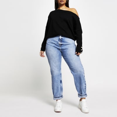 Plus black open neck asymmetric top