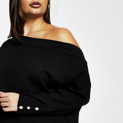 Plus black open neck asymmetric top