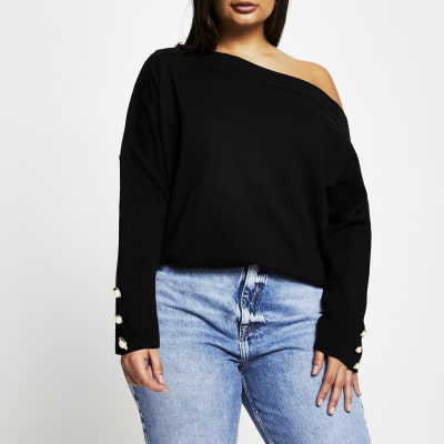 Plus black open neck asymmetric top