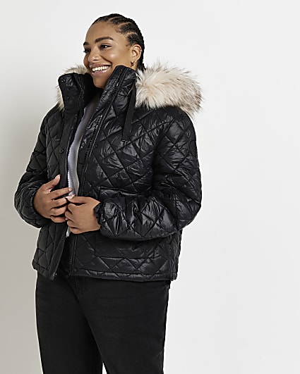 TOPSHOP Satin Quilted Hooded Parka in Black Womens Clothing Jackets Padded and down jackets 
