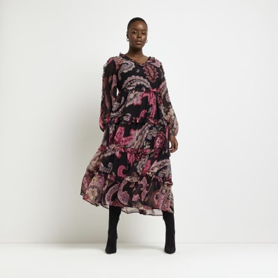 Plus black paisley smock midi dress
