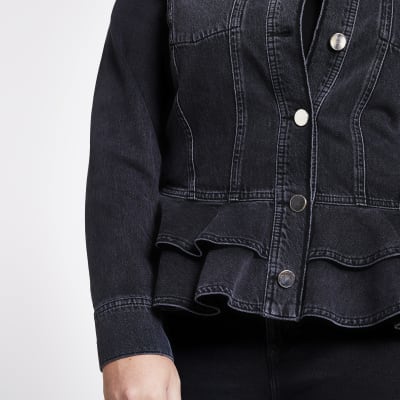 Plus black peplum frill fitted denim jacket
