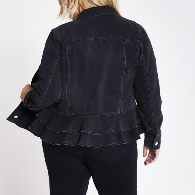 Plus black peplum frill fitted denim jacket