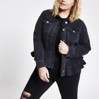 Plus black peplum frill fitted denim jacket River Island