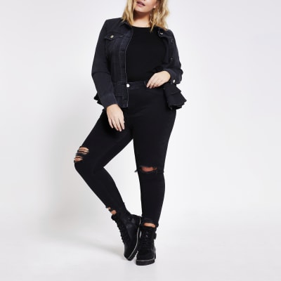 Plus black peplum frill fitted denim jacket
