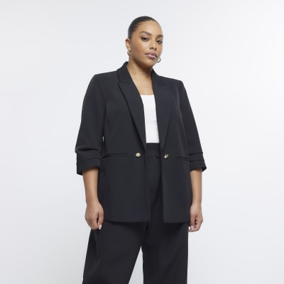 Plus Black Pleated Sleeve Blazer | River Island