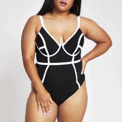 River Island Womens Plus Black Plunge Bandage Swimsuit