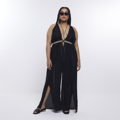 Plus black plunge beach jumpsuit River Island