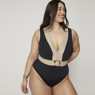 River Island Womens Plus Black Plunge Swimsuit