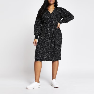 Plus black polka dot wrap midi dress 