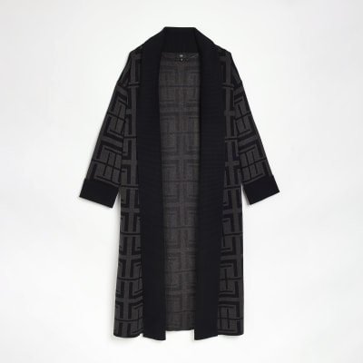 Plus black print knit longline cardigan