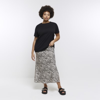 Plus black print slit midi skirt